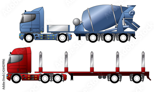 Trucks with mixer and timber trailer