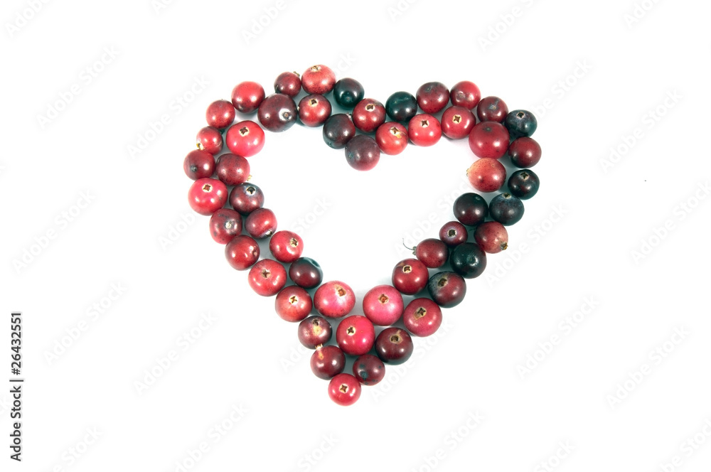 heart shape ripe red cranberry over white heart shape ripe red cranberry over white