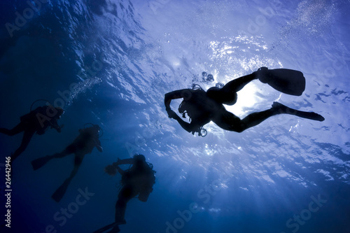 Silhouet of Scuba diver swimming in teh ocean.