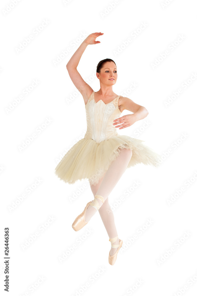 Beautiful ballerina dancing against white background Beautiful ballerina dancing against white background