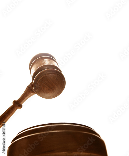 Konstfotografi judges court gavel from below, on white