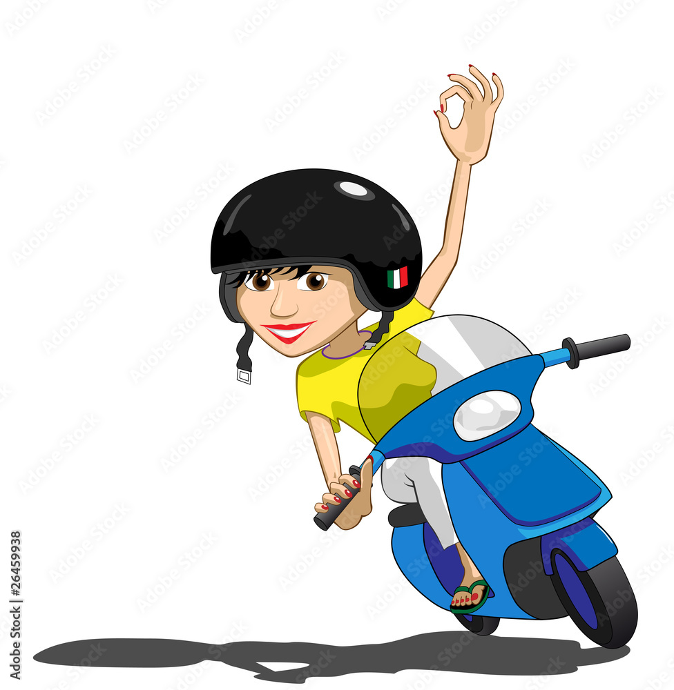 Pretty Scooter Girl Waves OK Illustration : Adobe Stock