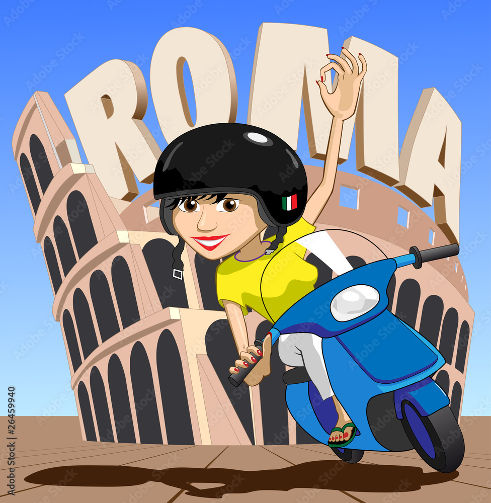 Roma Italian Scooter Girl Waves OK at while passing Colosseum Illustration : Adobe Stock