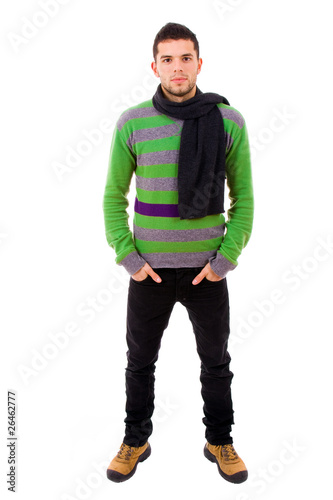 Full body of young man dressed with winter clothes, isolated on