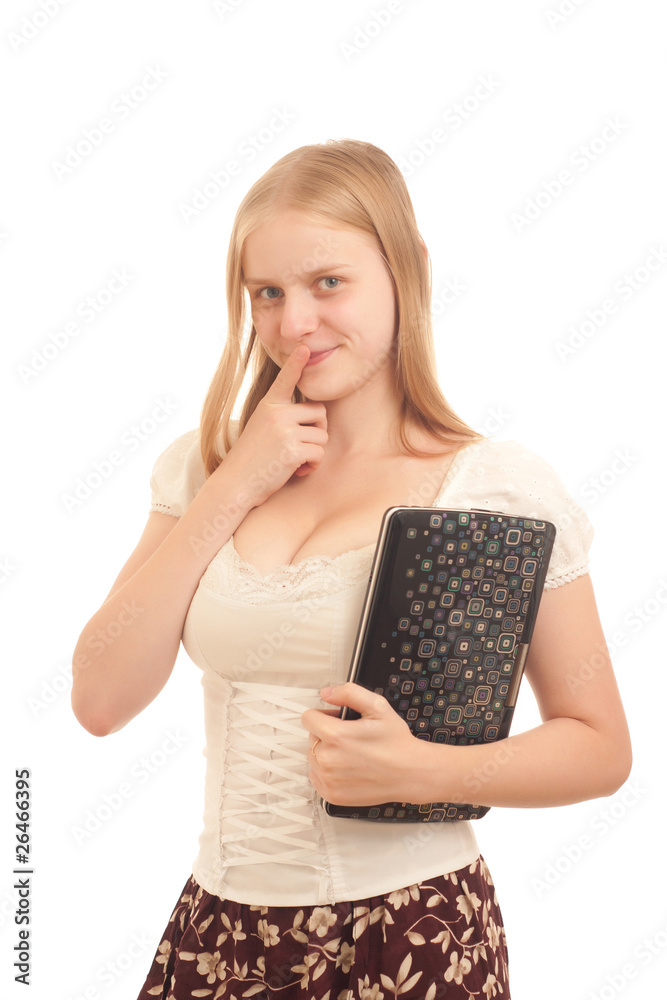 Young adorable businesswoman holding laptop and showing wonder s Young adorable businesswoman holding laptop and showing wonder s