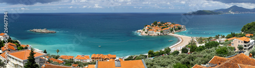 Panoramic view of Sveti Stefan island, Adriatic sea, Montenegro photo
