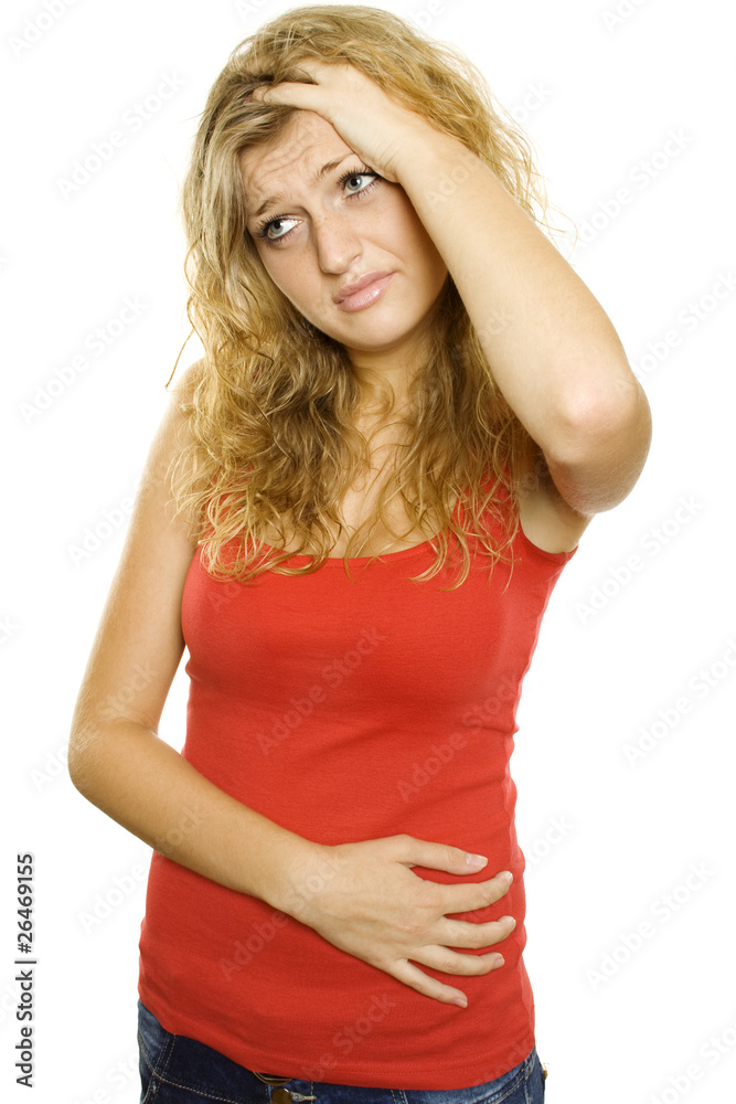 Beautiful young woman is unwell. Headaches and stomach Beautiful young woman is unwell. Headaches and stomach
