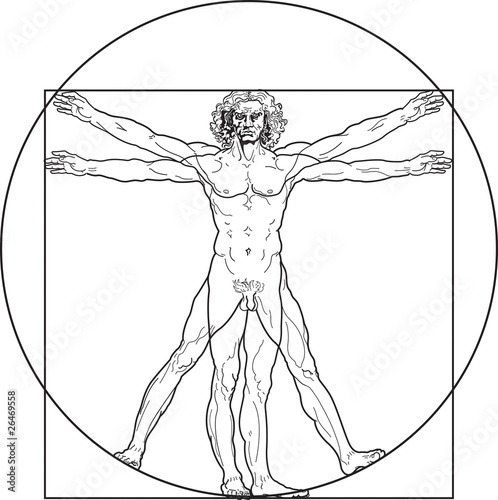 'Homo vitruviano'. So-called The Vitruvian man a.k.a. Leonardo's man. Detailed drawing on the basis of artwork by Leonardo da Vinci by ancient manuscript of Roman master Marcus Vitruvius Pollio.
