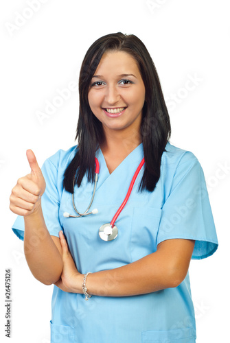 Young physician woman give thumbs