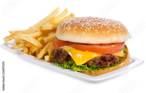 Fototapeta hamburger with vegetables and fries
