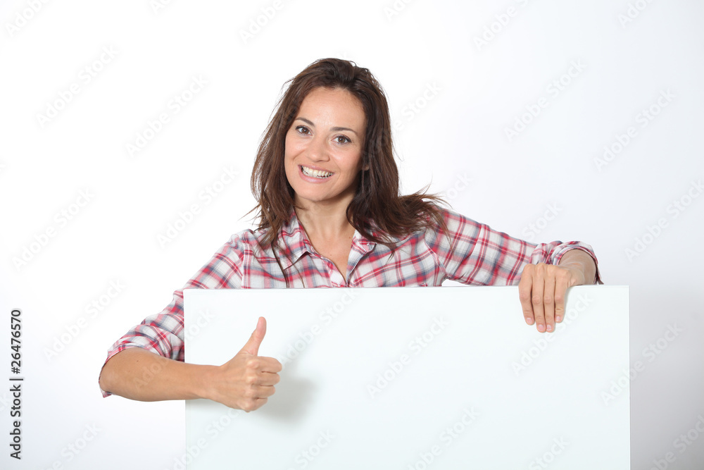 Woman showing white board on white background Woman showing white board on white background
