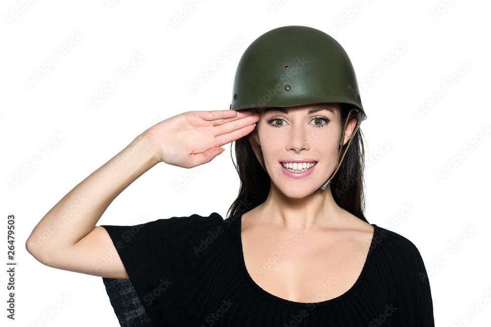 beautiful woman with helmet soldier saluting beautiful woman with helmet soldier saluting