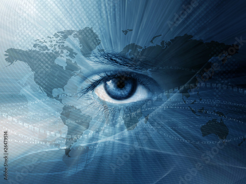 World map and blue eye