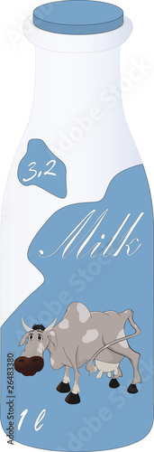 bottle with milk and a kind cow