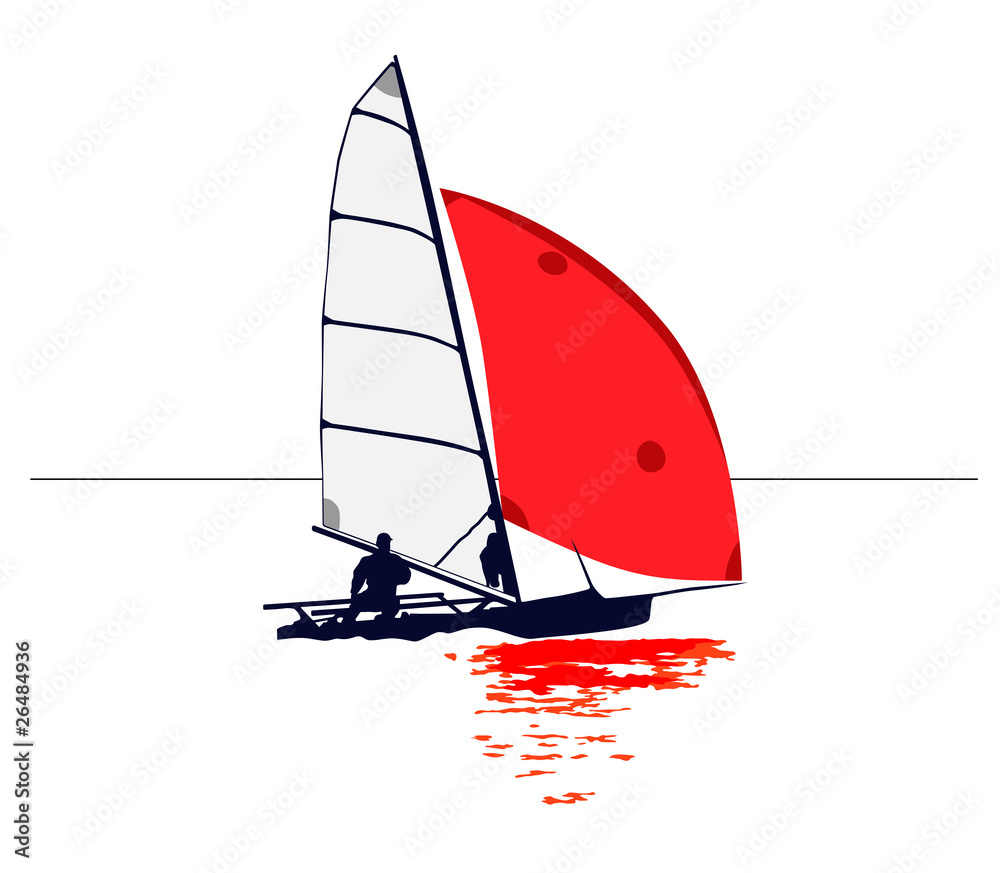 Clean illustration of a dinghy with red sail : Adobe Stock