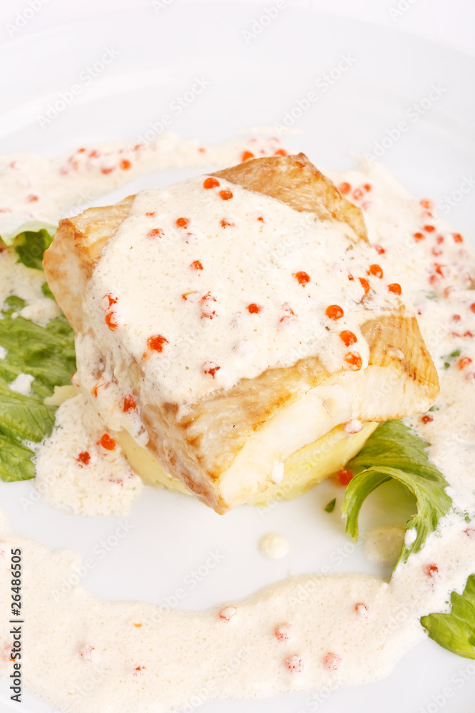 fish fillet with dill sauce on white plate fish fillet with dill sauce on white plate