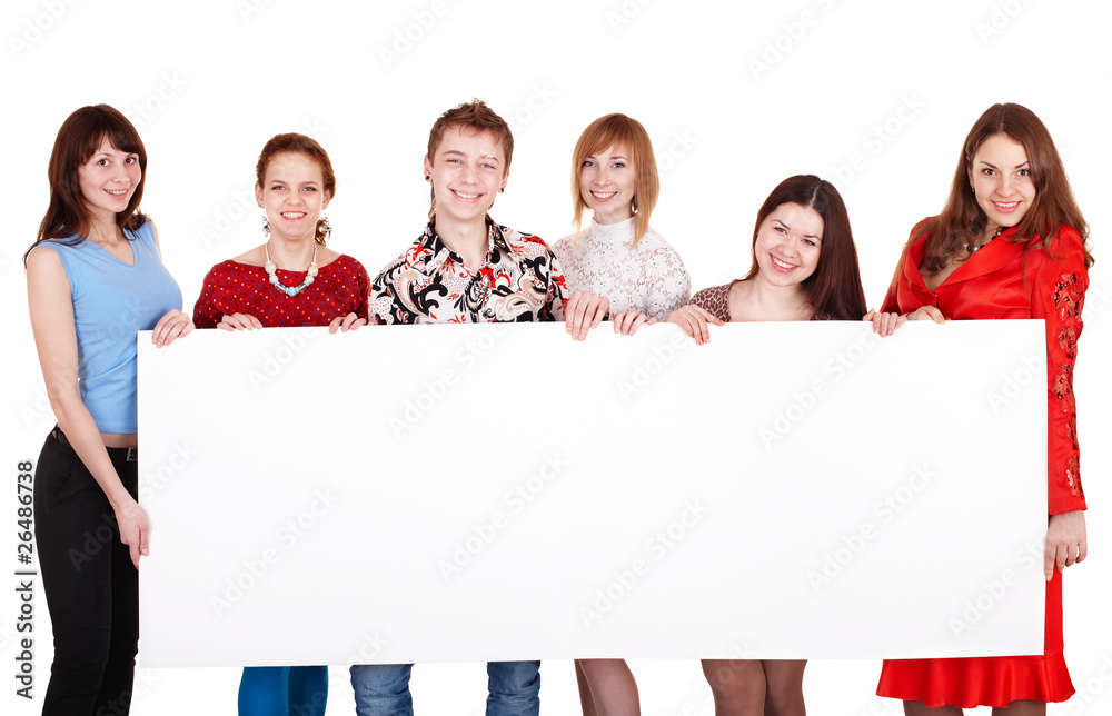 Group of happy people with banner. Isolated. Group of happy people with banner. Isolated.