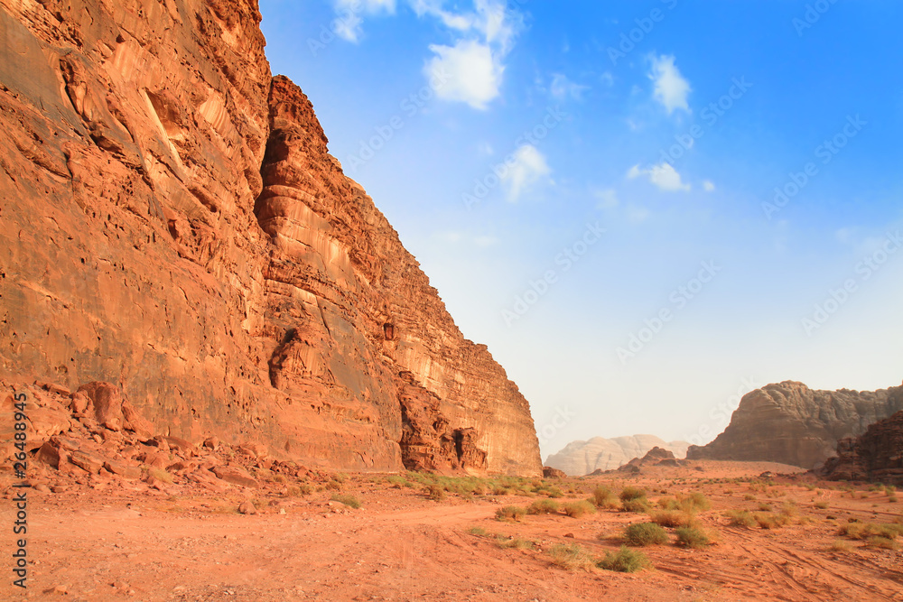 Panoramic view on desert rock formation - Wadi Rum, Jordan