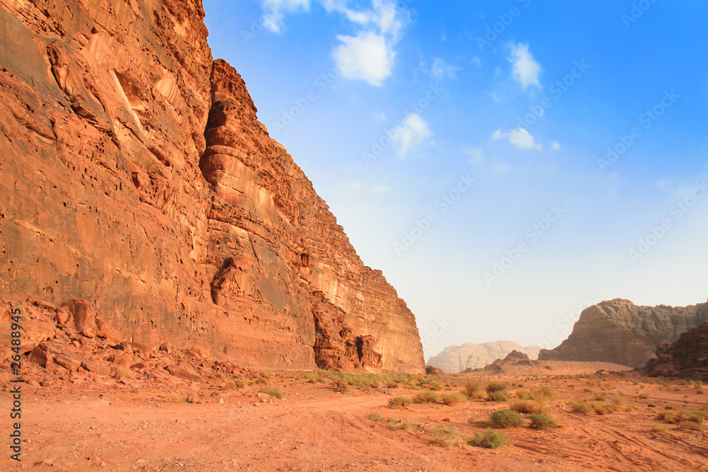 Panoramic view on desert rock formation - Wadi Rum, Jordan Panoramic view on desert rock formation - Wadi Rum, Jordan