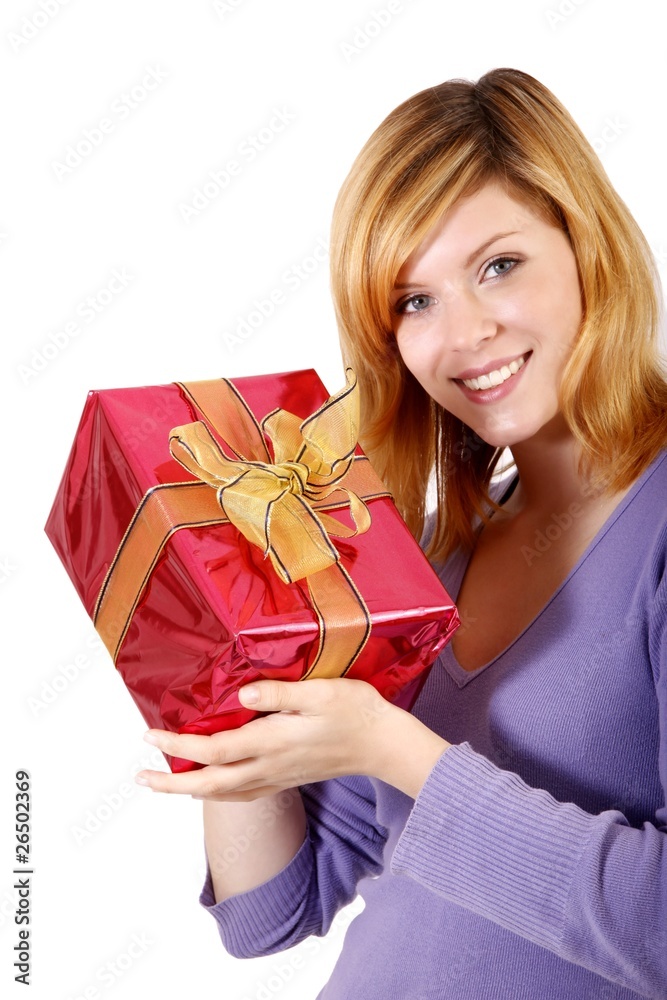 beautiful young woman with a present (white background) beautiful young woman with a present (white background)