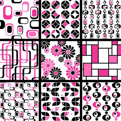 Collection of mod seamless patterns in pink and black