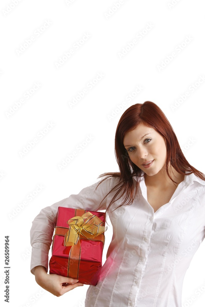 beautiful young woman with a present (white background) beautiful young woman with a present (white background)