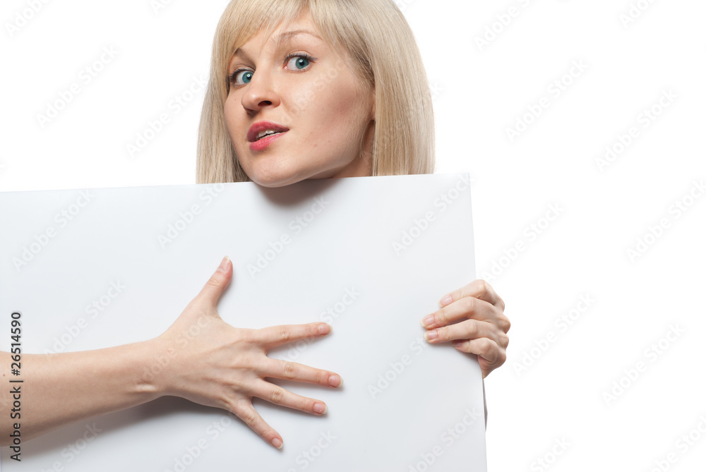 Attractive woman holding white empty paper isolated on white Attractive woman holding white empty paper isolated on white