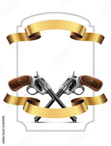 gun revolver crossed with gold ribbon and frame