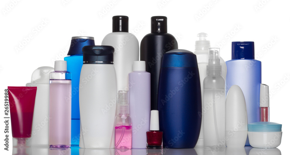 Collection of bottles of health and beauty products Collection of bottles of health and beauty products