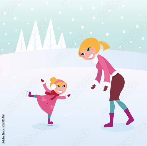 Ice skating girl with her mother on sport stadium. VECTOR
