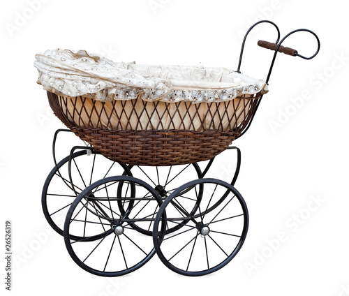 Retro pram isolated on white. Clipping path included.