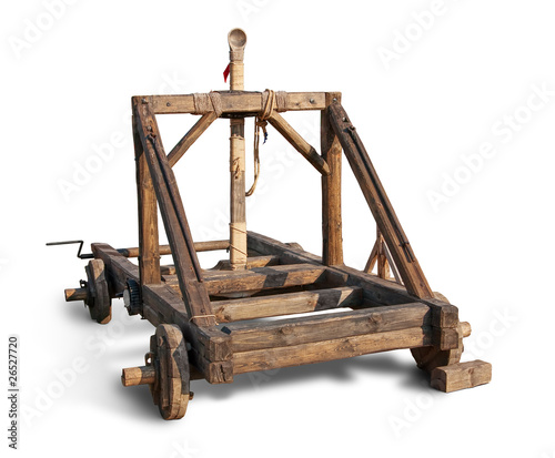 Wooden trebuchet catapult. Clipping path included. photo