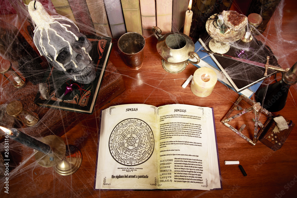 top view of table full of witchcraft related objects and cobwebs Stock  Photo | Adobe Stock