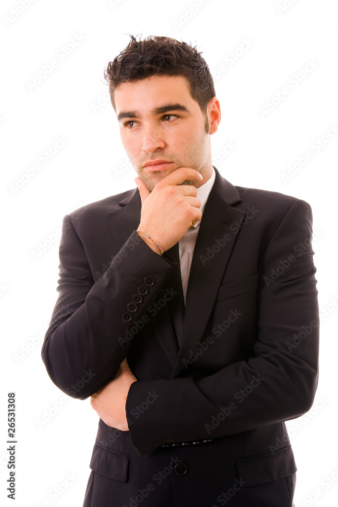 Pensive young business man on white background Pensive young business man on white background