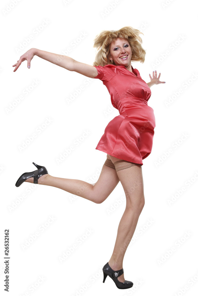 Lucky making look younger woman in red gown and hose Lucky making look younger woman in red gown and hose