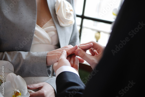 Groom putting a ring on bride's finger