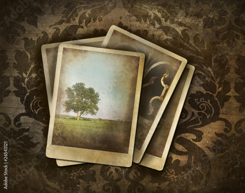 Vintage photos on dark damask background
