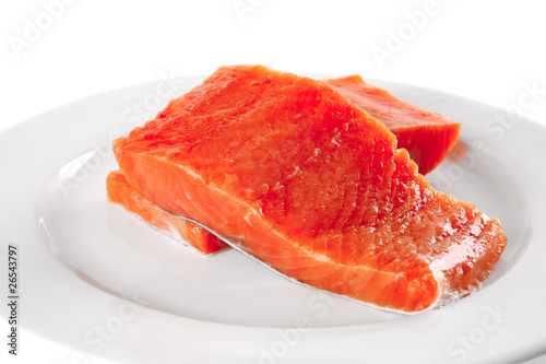 fresh smoked salmon on white plate