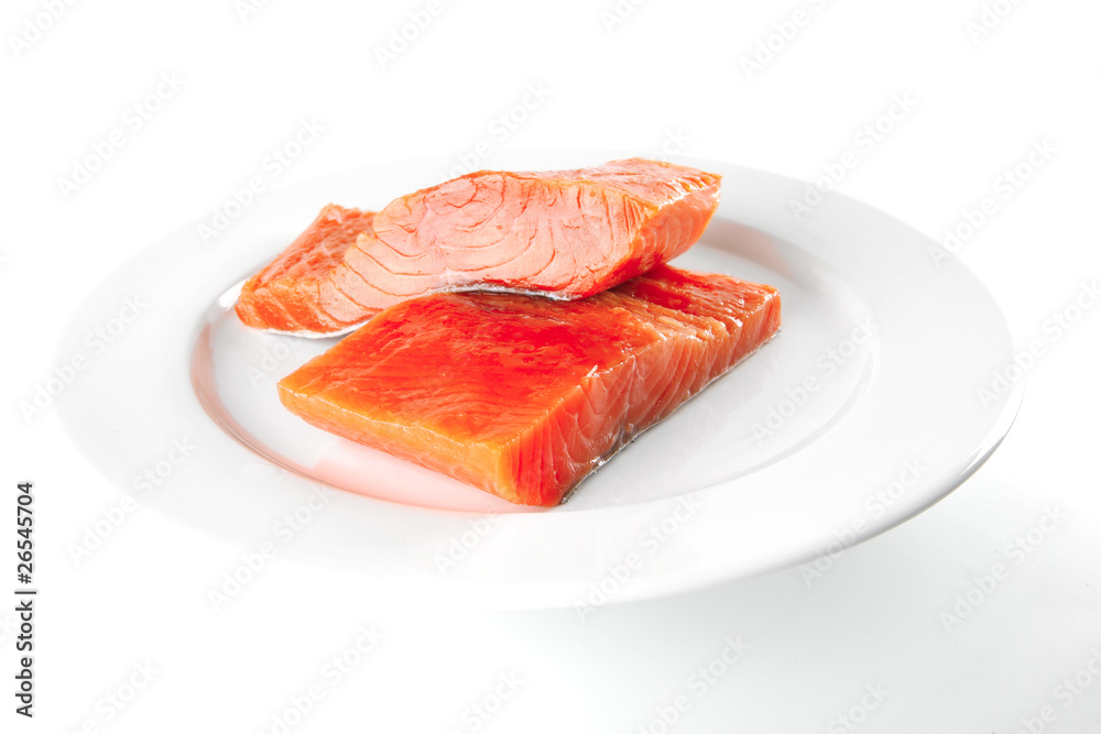 fresh smoked salmon on white plate fresh smoked salmon on white plate