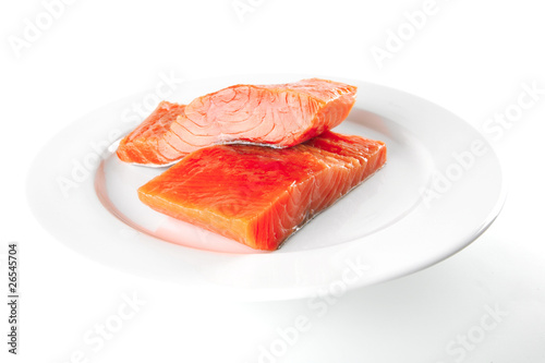 fresh smoked salmon on white plate