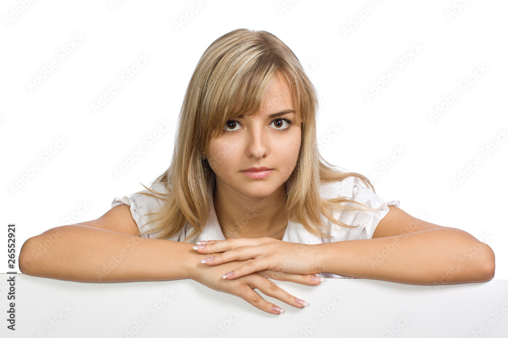 The beautiful business girl with a paper blank leaf The beautiful business girl with a paper blank leaf