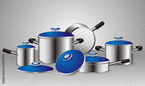 a set of chrome-plated pans with blue lids