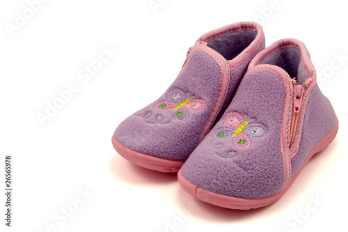 purple warm baby shoes on white background