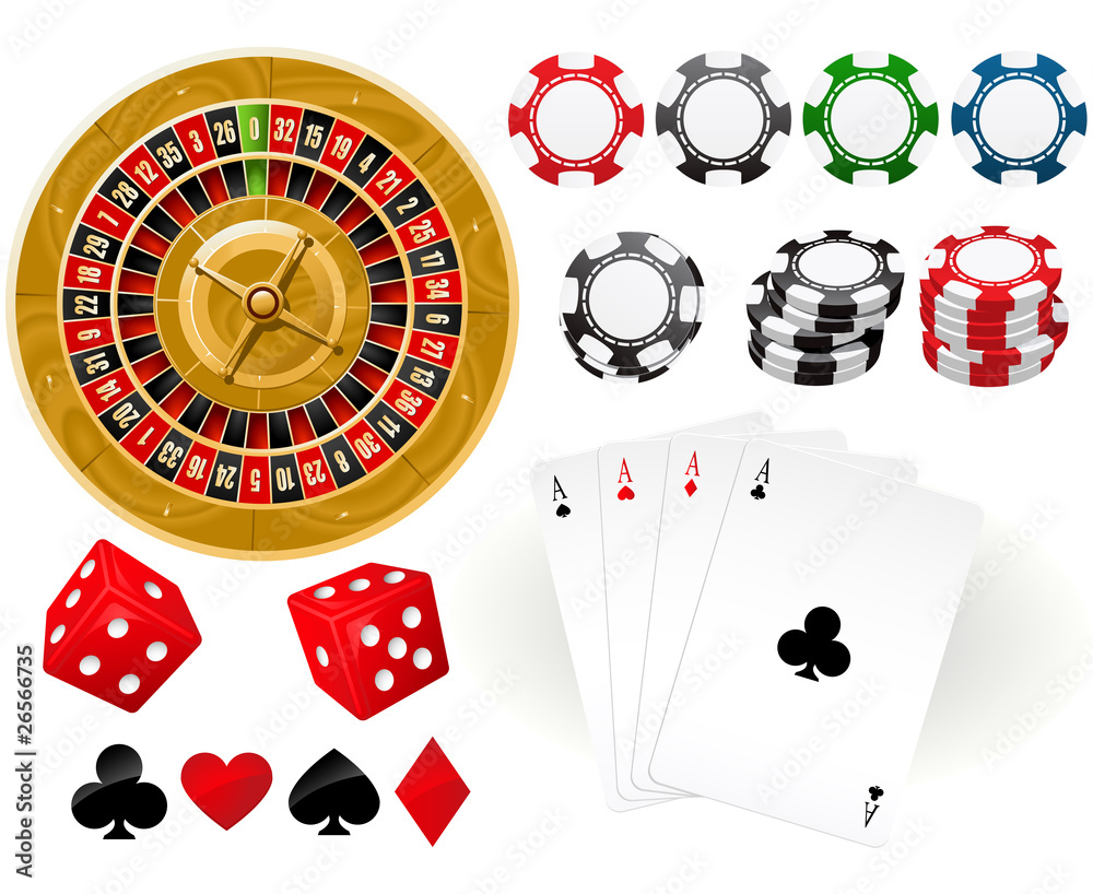Vergadering overstroming in het midden van niets Stockillustratie Playing cards, Roulette Wheel and gambling chips | Adobe  Stock