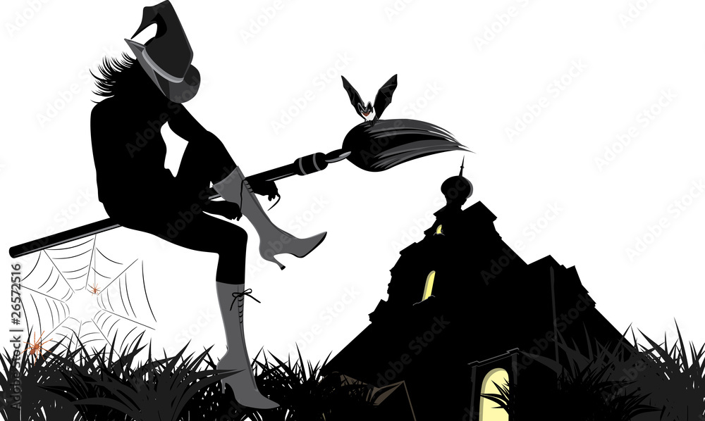 Naklejka Sitting witch on the broom. Halloween composition. Vector