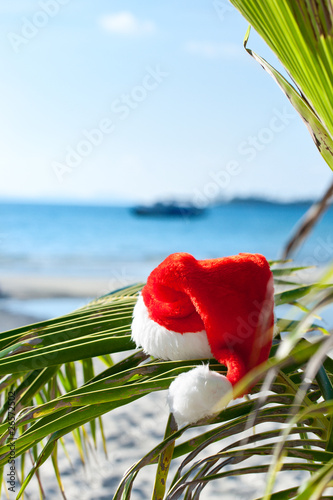 Red Santa's hat hanging on palm tree at the tropical beach