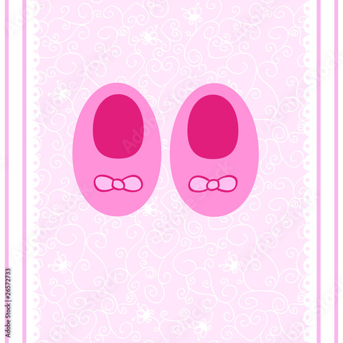 a cute postcard with small baby shoes for a girl