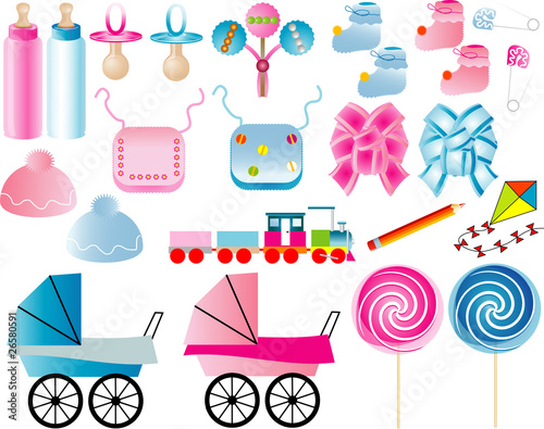 baby boy and baby girl icons. Baby bottle, pacifier and baby toys photo