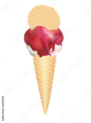 ice cream with glaze and wafers on the white background