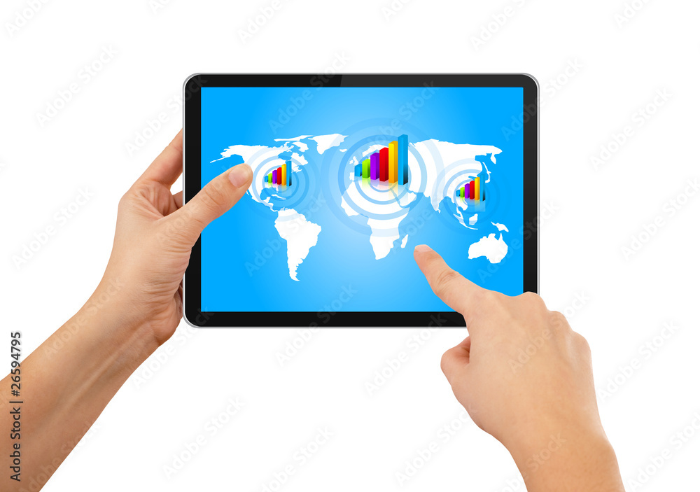 Hand pushing stock growth on tablet with blue earth map